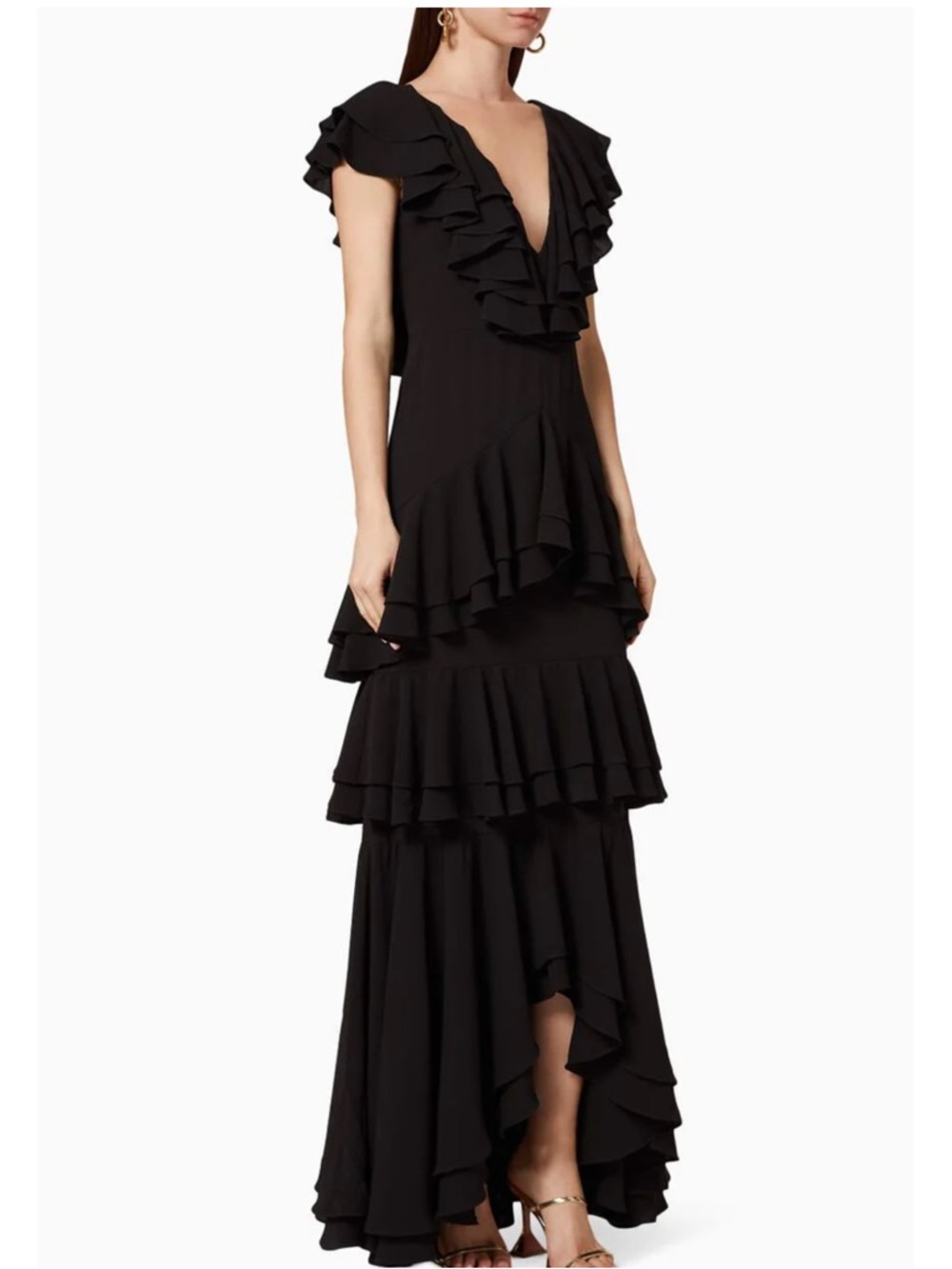 Designer gown no pise La Grama Black Ruffled V-Neck Maxi long Dress